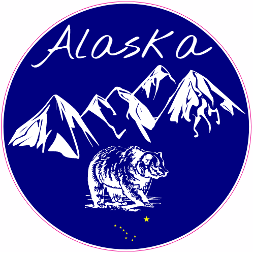 Alaska Bear And Mountains Circle Decal - U.S. Customer Stickers